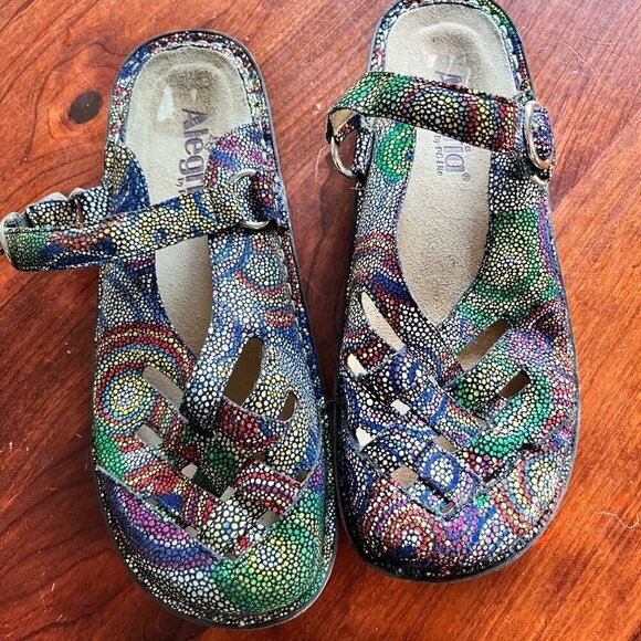 Alegria‎ Fre-387 Rainbow Mosaic Leather Strap Clogs Shoes Women Sz 38 (8-8.5 US) - Picture 1 of 9